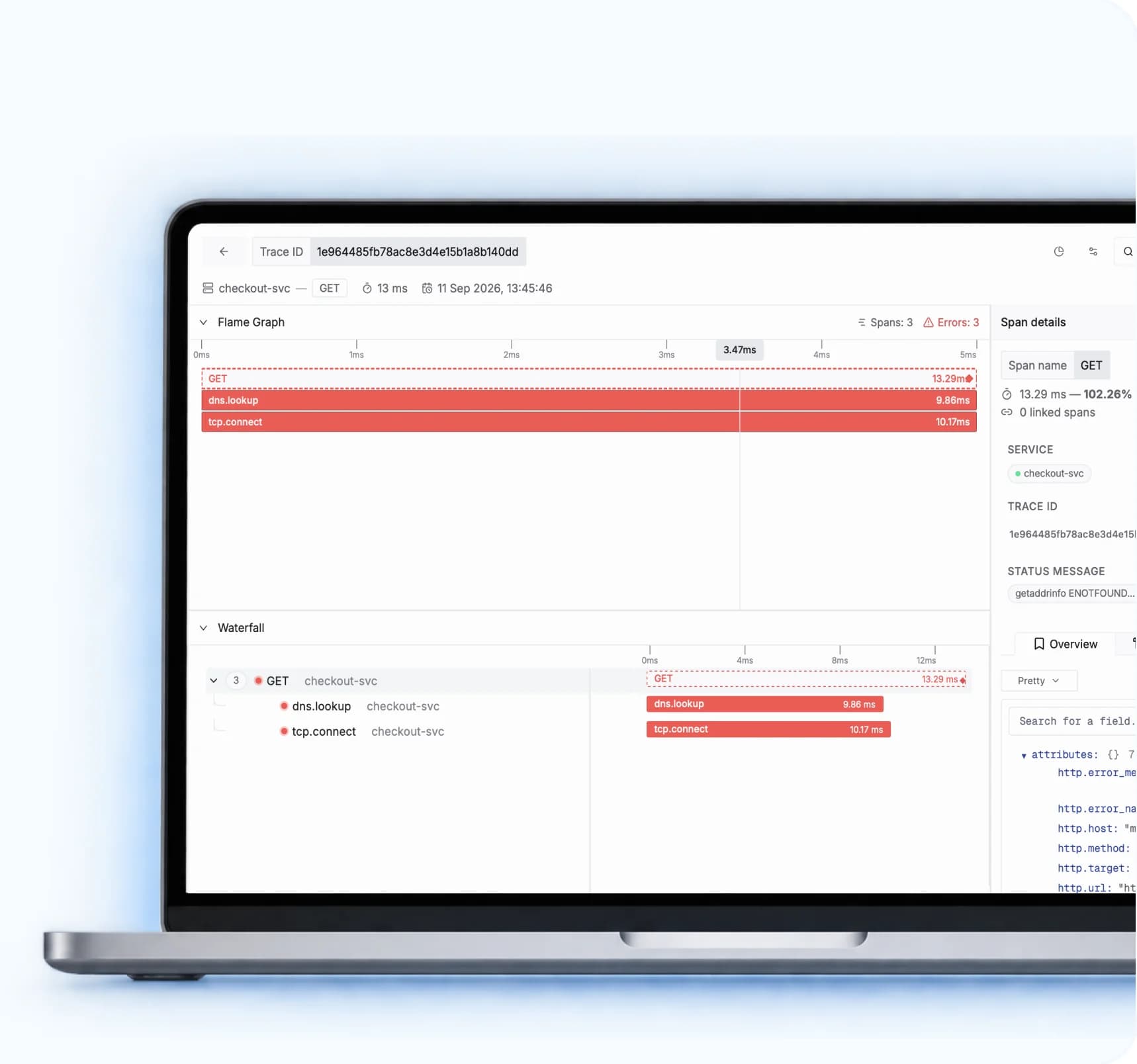 MindOps APM trace explorer with flame graph and waterfall views