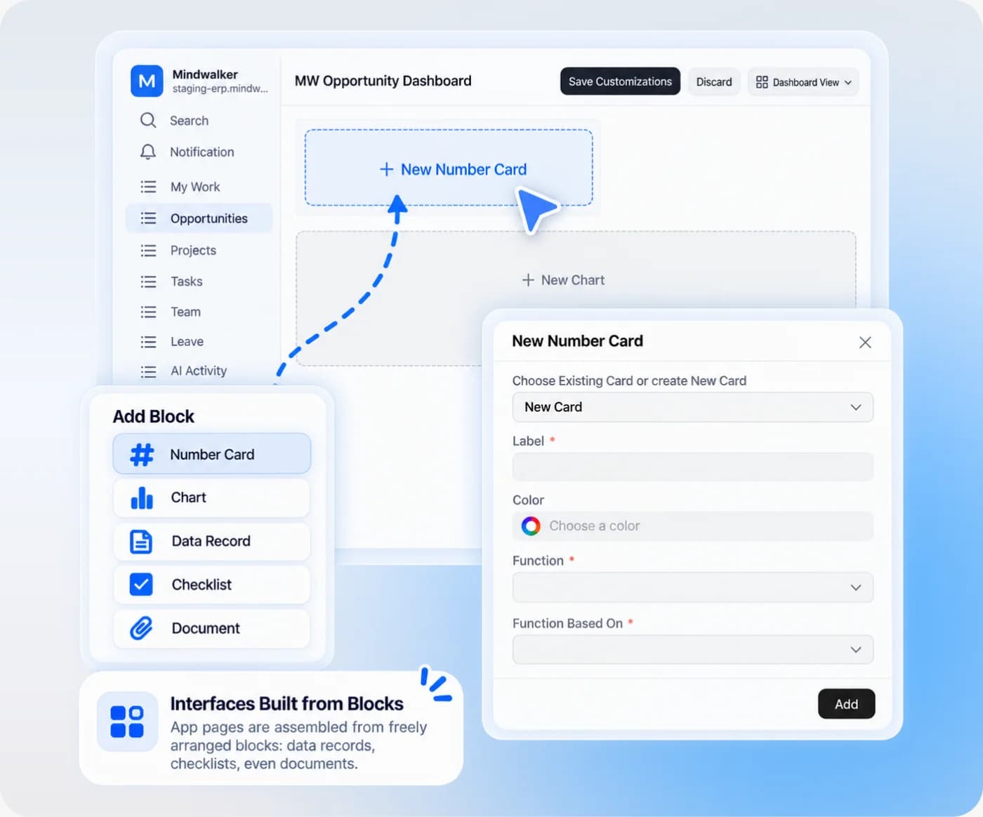 Dashboard page builder adding number cards, charts, records and checklists
