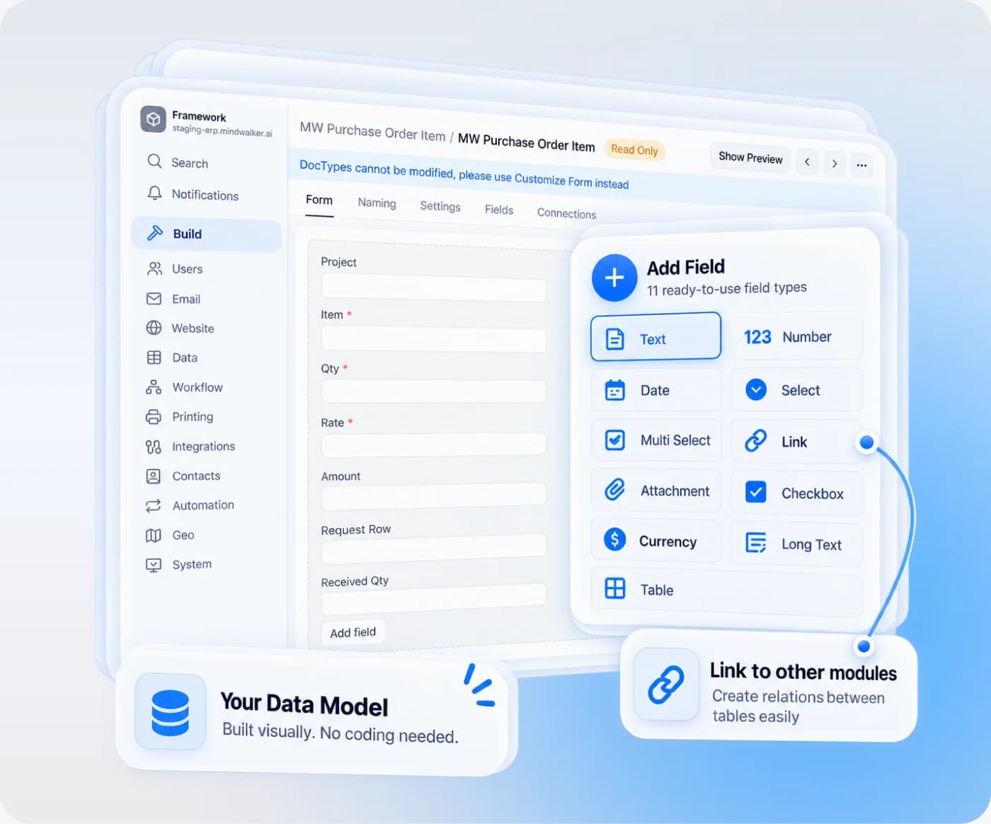Visual data model editor with ready-to-use field types and module links