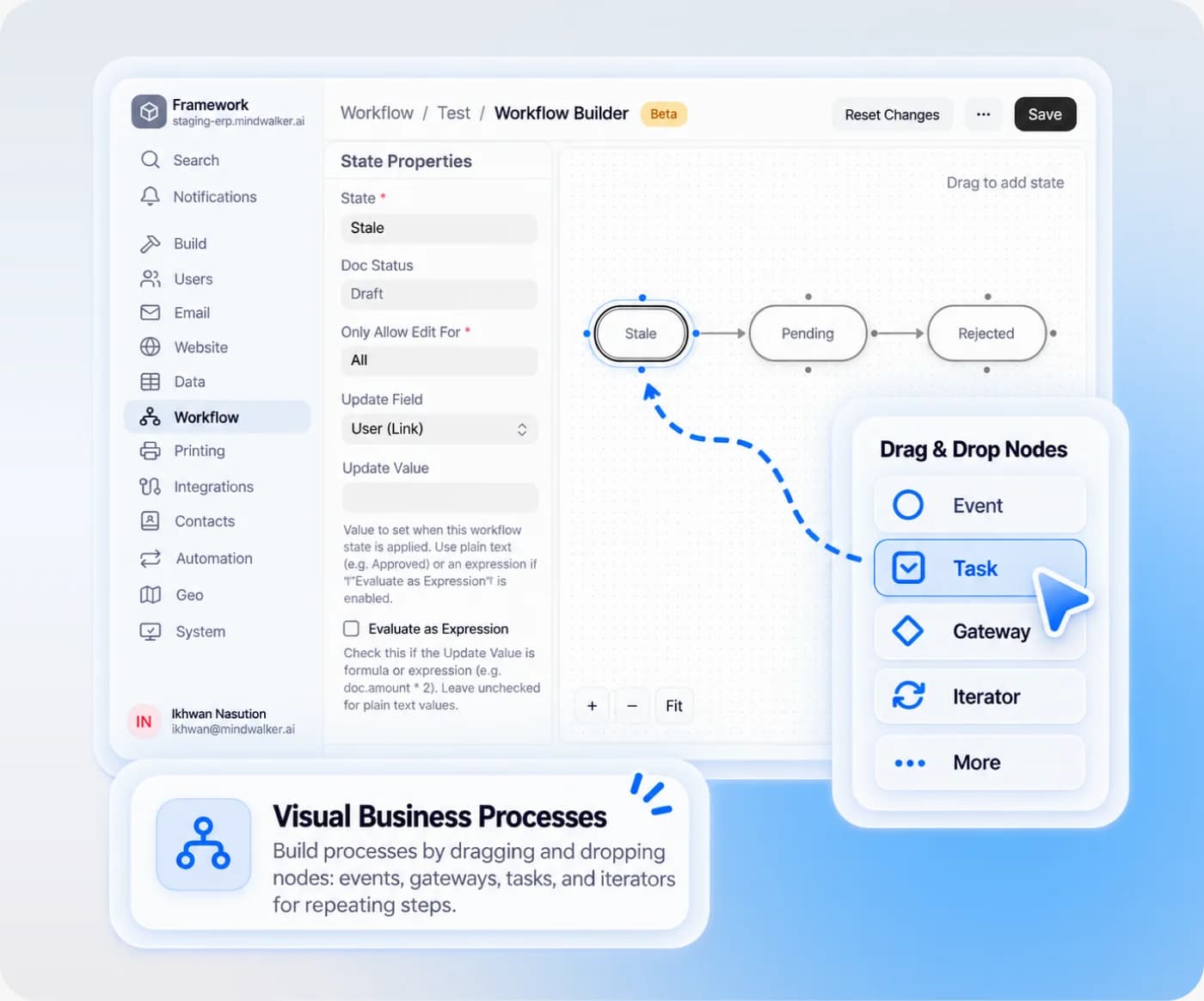 Workflow builder with drag and drop event, task, gateway and iterator nodes