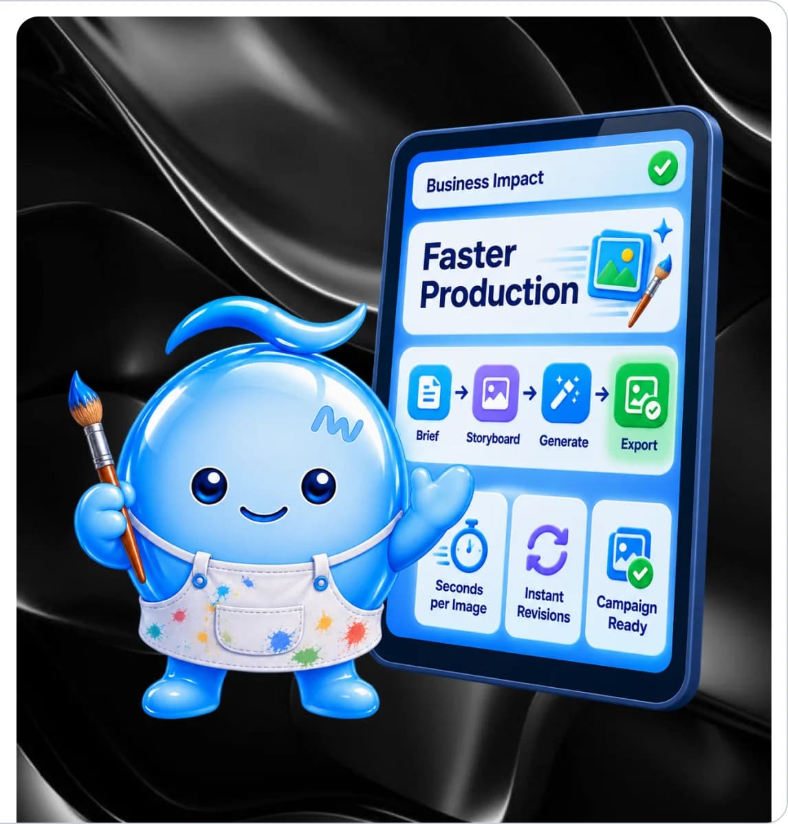 Mindy with a tablet showing faster production from brief to storyboard, generation and export