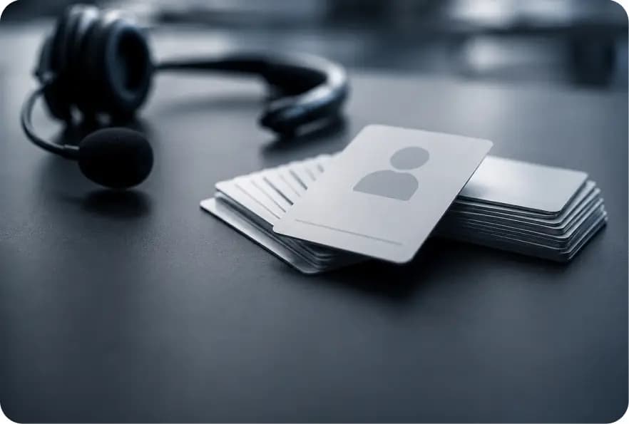 Headset next to customer profile cards