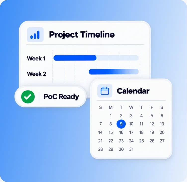 Project timeline and calendar showing a PoC ready in two weeks