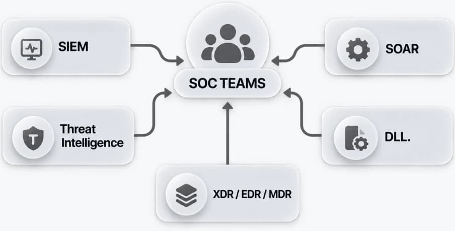 SOC team working across SIEM, SOAR, threat intelligence, XDR and DLL tools separately