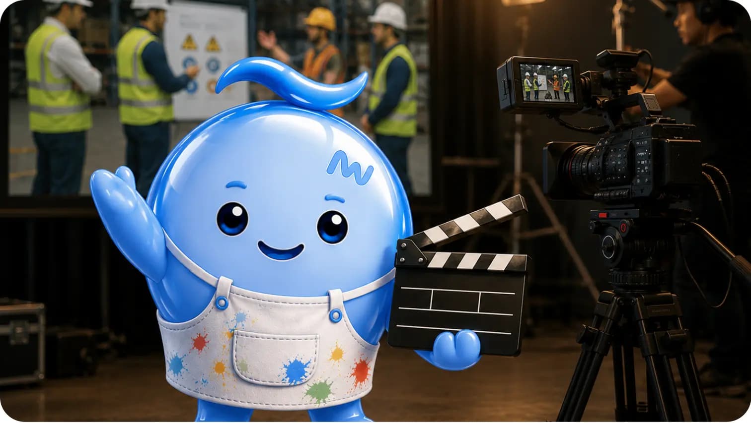 Mindy with a clapperboard on an industrial safety video set