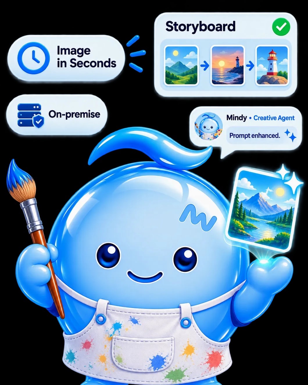 Mindy as a creative agent painting a landscape, with storyboard, image in seconds and on-premise badges